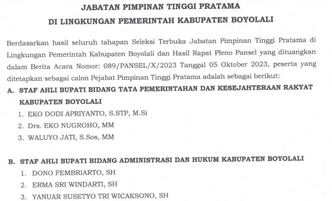 Pengumuman hasil akhir seleksi terbuka JPT Pratama Staf Ahli Bupati Boyolali